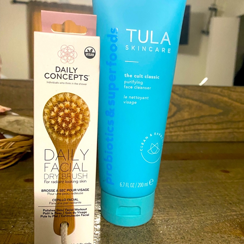 Daily facial dry brush and Tula skincare Purifying Cleanser